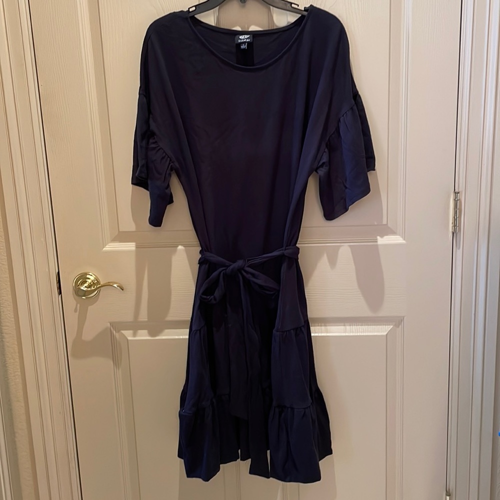 Black dress with sash Bobeau sL, ruffle sleeves and 2 tier ruffle skirt New